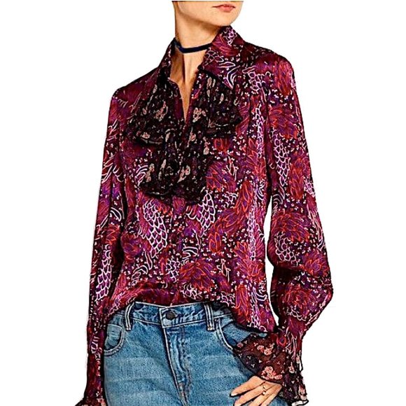 Anna Sui Tops - New Anna Sui Printed Chiffon Trimmed Silk Blouse Size 4